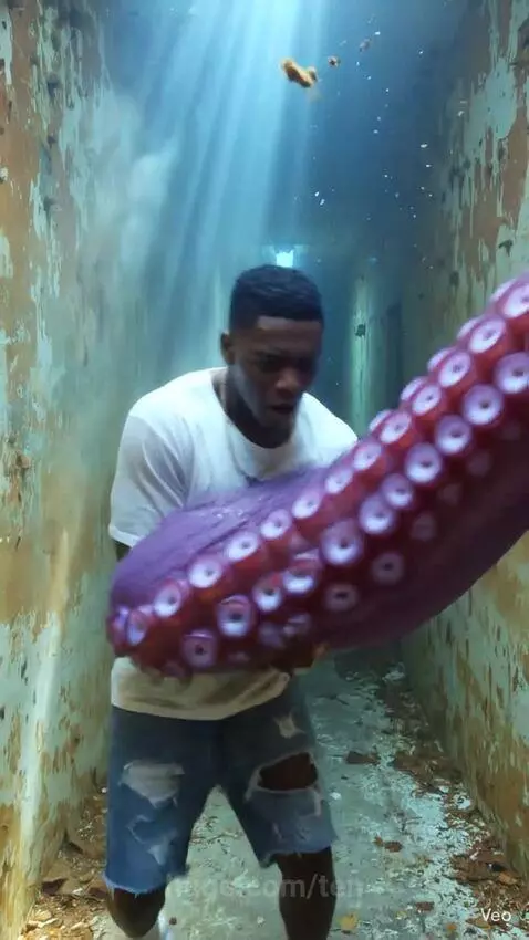 Man in ripped shorts fighting a giant purple octopus in a flooded hallway.