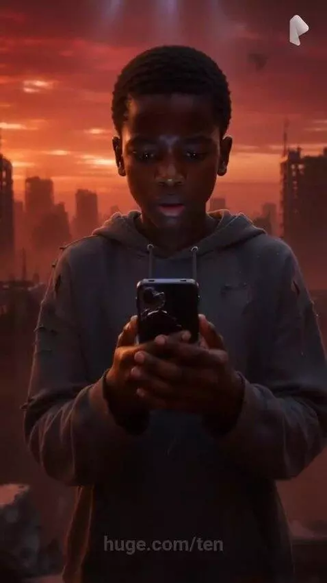 Young Black boy on a ruined rooftop holding a glowing smartphone with a message, alien spaceship in a fiery red sky.
