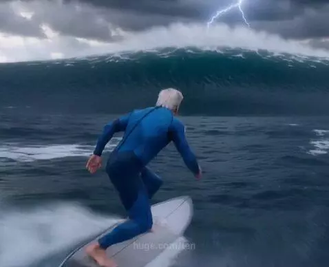 Man in golden armor surfing a giant wave, transforming into a hero with a trident, facing a colossal dragon.
