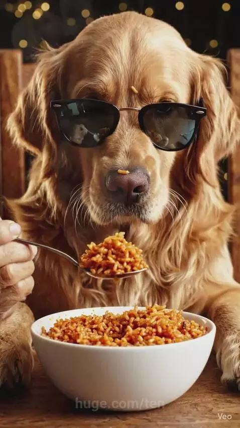 Golden retriever wearing sunglasses sits at a table, eating rice from a bowl with a spoon.