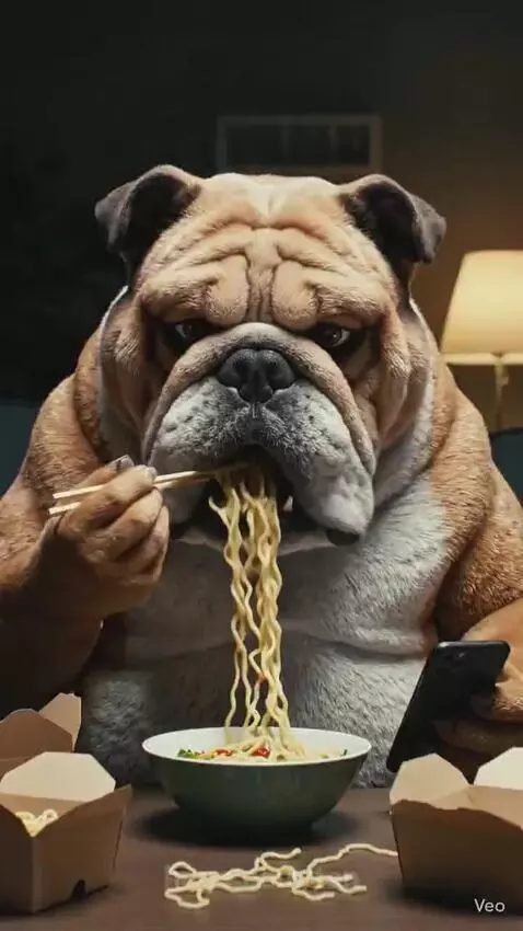Anthropomorphic bulldog eating noodles from a bowl with chopsticks, while an anthropomorphic goat dad looks at a messy room.