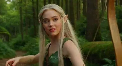 Female elf archer with blonde hair and elf ears in a green outfit in a forest, drawing a bow.