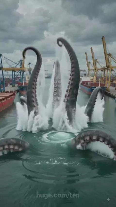 Giant octopus tentacles rising from the water, attacking a harbor with ships and cranes.