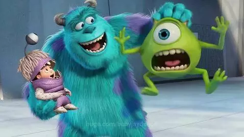 Monsters Inc. characters Sulley and Boo smiling, with Mike Wazowski looking surprised in a hallway.