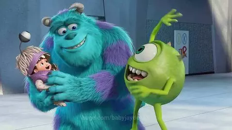 Sulley holding Boo, who is laughing, while Mike Wazowski playfully slaps Sulley's face in Monsters Inc.