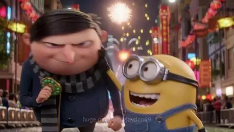 Gru and a Minion laughing together after the Minion playfully slaps Gru's face, with fireworks in the background.