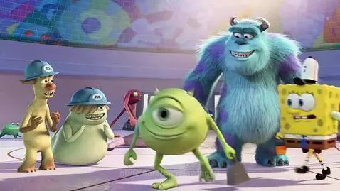 Mike Wazowski melting into a puddle as Spongebob aims a flamethrower, with Sulley watching.