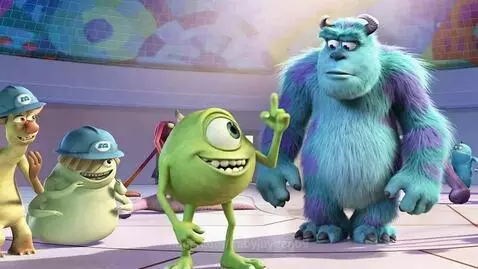 Mike Wazowski smiles while Sulley Sullivan looks angry in a scene from Monsters Inc.