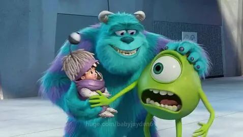 Sulley holds Boo while Mike Wazowski looks distressed as Spongebob aims a flamethrower at him.