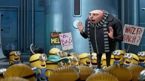 Gru looking panicked while being chased by a Minion dressed as Spongebob holding a knife.