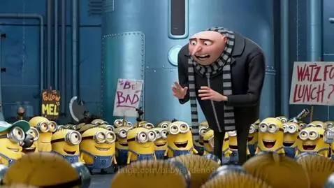 Gru looking distressed surrounded by minions as Spongebob lunges at him with a sign.