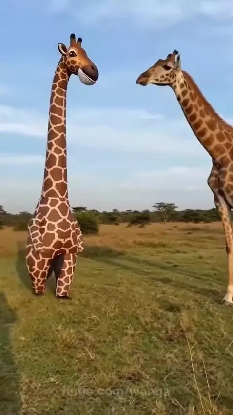 A real giraffe kicks an inflatable giraffe costume, causing it to deflate and fall over in a grassy field.