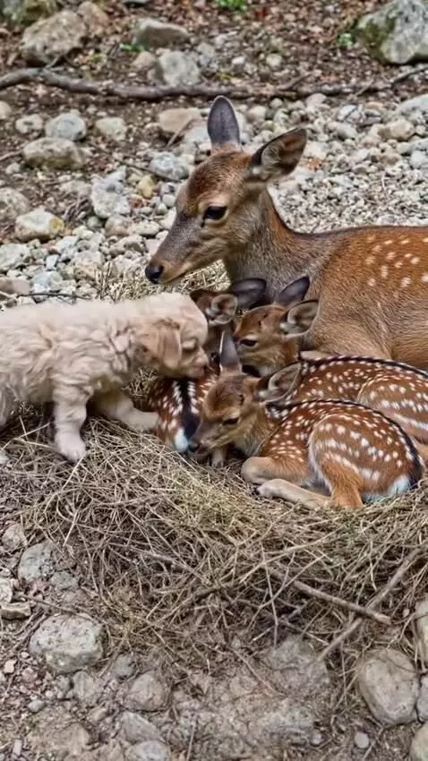 A fluffy puppy snuggles with a mother deer and her fawns on a bed of dry grass.
