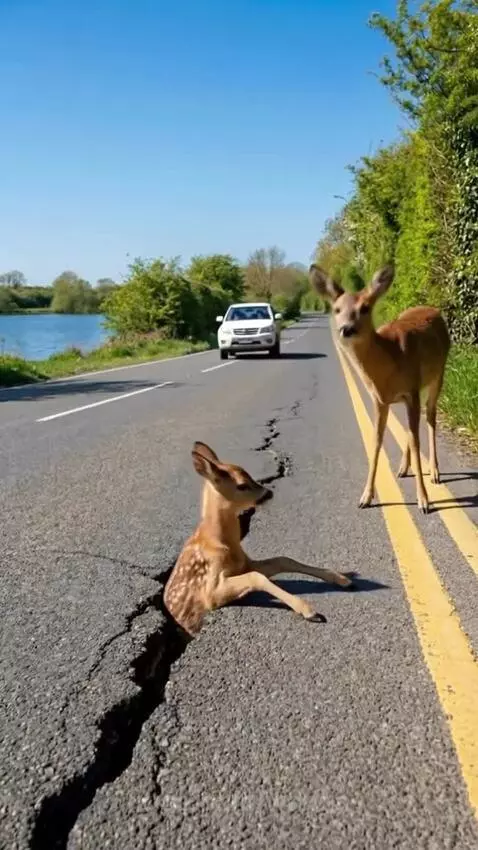 A fawn is carefully lifted out of a crack in a paved road by a woman, with its mother deer nearby.