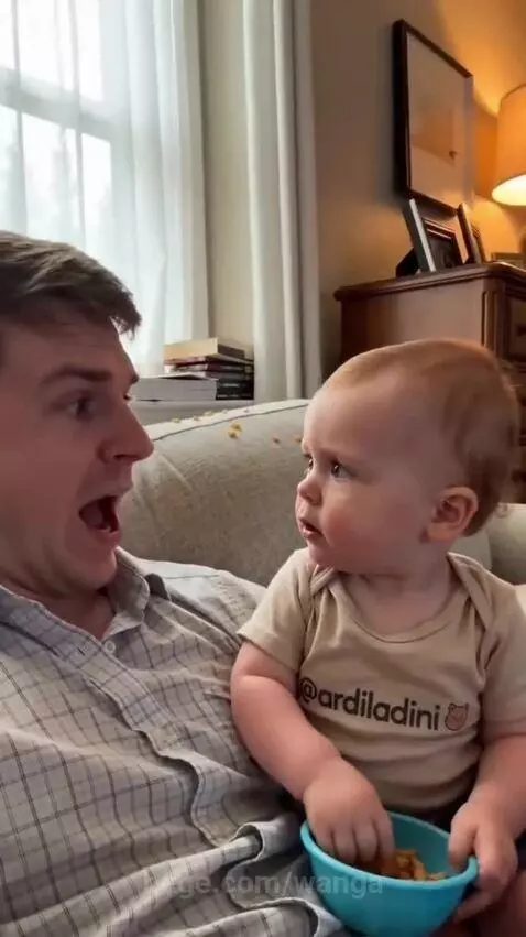 Father and son sitting on a couch, son playfully protesting a kiss from his dad.