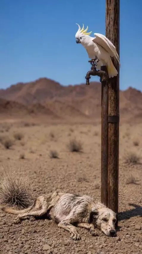A cockatoo pours water from a seashell into the mouth of a weak dog in a desert.