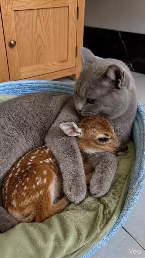 Grey cat affectionately licking and cuddling a small spotted fawn sleeping in a pet bed.