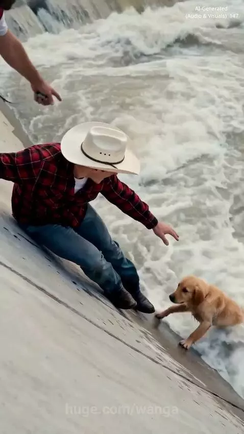 People forming a human chain to pull a golden retriever puppy out of a concrete water channel.
