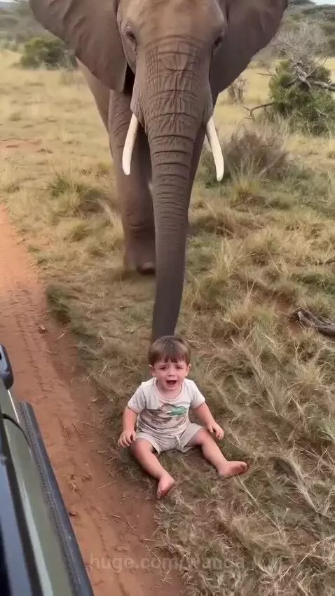 An elephant uses its trunk to lift a crying child back into a safari vehicle.