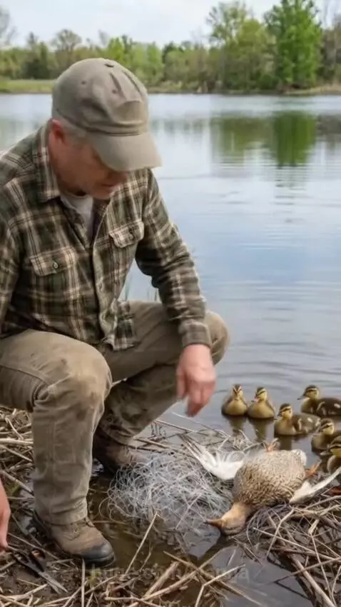 Farmer gently freeing a duck from a fishing net, with ducklings nearby.
