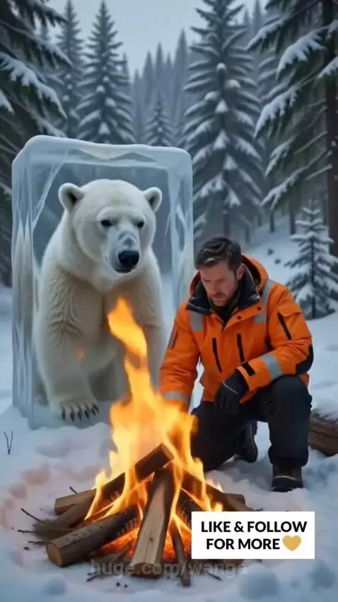 Man, dog, and polar bear sitting together by a campfire in snowy mountains after a rescue.