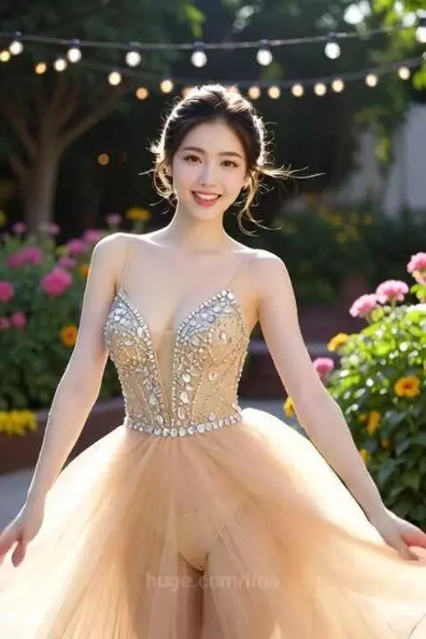 Young Asian woman in a sheer, light-colored gown with a plunging neckline, posing in a garden with string lights.