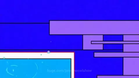 Tabby and white cat jumping out of blue water, creating a splash, landing on geometric shapes.