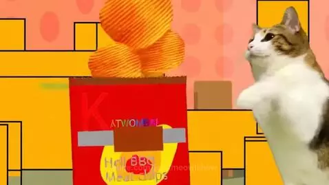Tabby and white cat sitting next to a bag of Hell BBQ Meat chips with 'Meowl Approved' text.