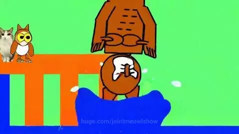 Muscular brown cat-humanoid emerging upside down from sparkling blue liquid, flips upright. Cartoon owl and cat in background.