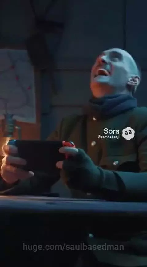 WWII soldier in uniform smiling while playing a Nintendo Switch, with pixelated game graphics visible.