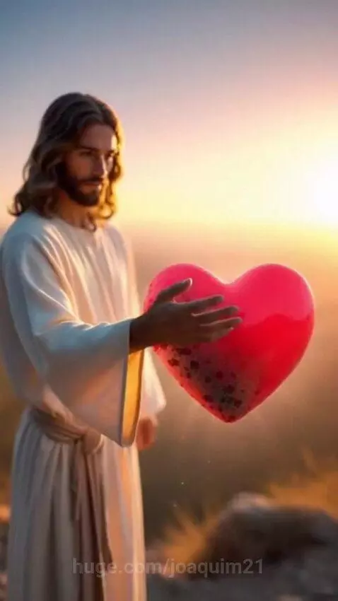 Figure resembling Jesus with long hair and beard in a white robe extends hand to a floating heart, cleansing it from dark to bright red.