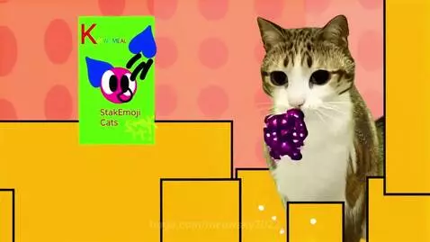 Cartoonish cat with brown, white, and black fur eating purple treats in a polka-dotted room.