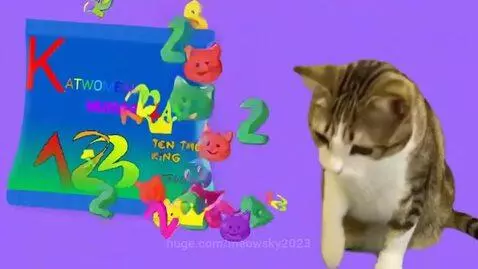 Animated cat wearing a crown happily eating colorful number-shaped Katwomeal treats.