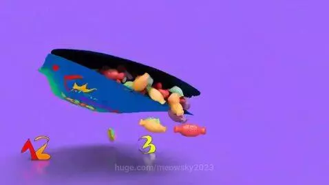 Animated cat food bag spilling colorful fish-shaped treats for a happy cat.