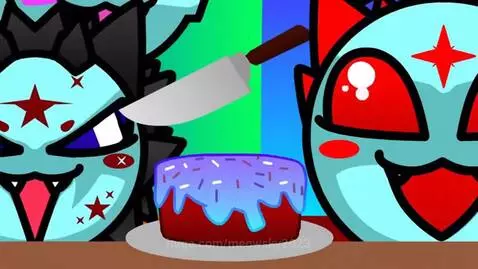 Cartoon cat-like characters with large eyes and fangs celebrating a birthday around a cake.