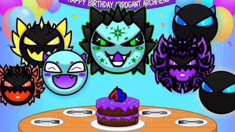Cartoon monster characters celebrating a birthday with a purple cake, balloons, and confetti.