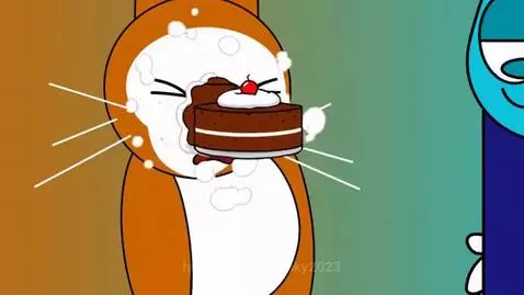 Cartoon cat character with whipped cream cake splattered on its face, looking angry.