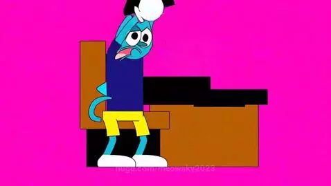 Animated blue cat character smashing a computer desk in anger, followed by a man being arrested by police.