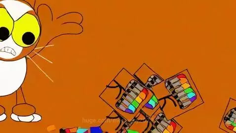 Animated orange and white cat character with yellow eyes, looking angry and throwing boxes of crayons.