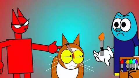 Three cartoon cats arguing, one with a red mark on its nose from a crayon.