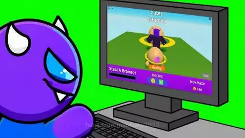 Purple horned cartoon character smashing a computer screen with a baseball bat after stealing 'Saturnita'.