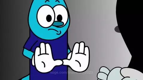 Blue cat-like cartoon character with sad expression, threatened by hooded figure, then grounded by a man.