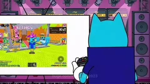 Animated blue cat character looking upset as a green cat character points at a cracked TV screen.