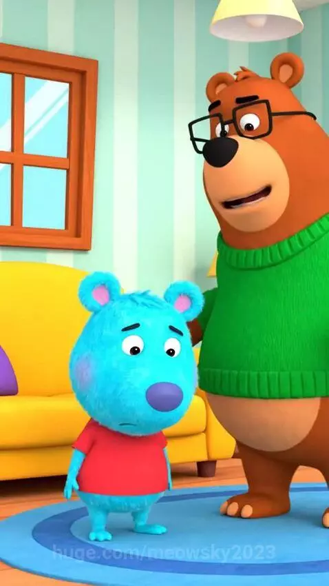 Father bear in glasses and sweater scolds son bear in red shirt, who looks sad and cries.