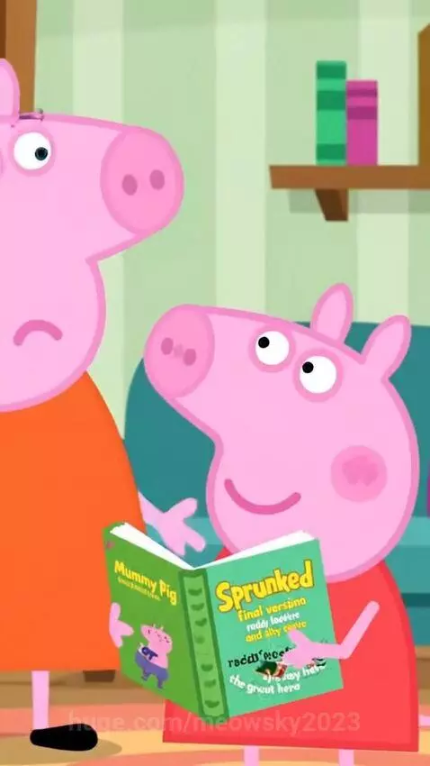 Peppa Pig looking shocked after being told she is grounded for stealing a book.