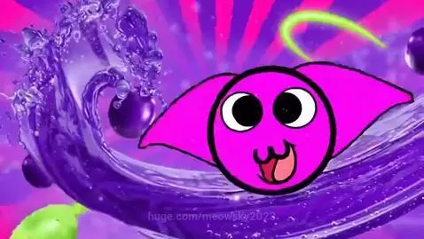 Pink cartoon cat-like character with purple liquid splashes for Great Grape Extreme Sour.