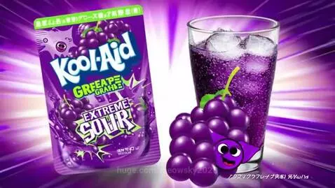Animated purple grapes swirling around a glass of Kool-Aid Grape Grape Extreme Sour with lightning bolts.