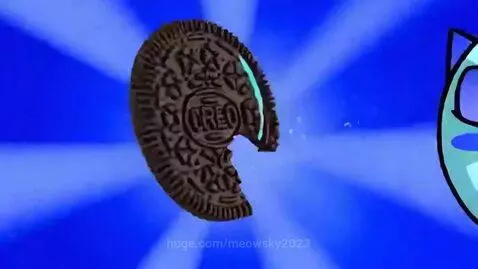 Animated cat-like character eating an Oreo, with a spinning Oreo Aqua Green Vanilla cookie and milk.