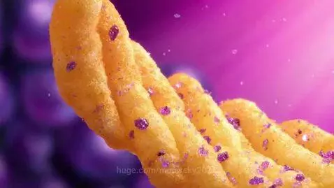 Cheetos Purple Grape flavored chips with grapes and a cartoon character on a purple background.