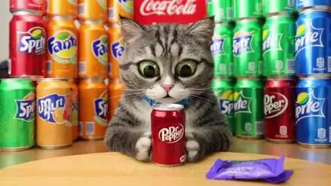 Animated-style tabby cat with wide eyes and open mouth screaming in front of soda cans, holding a Dr. Pepper.
